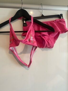 Girls Bright Pink Embroidered Two-Piece Swim Bikini Set